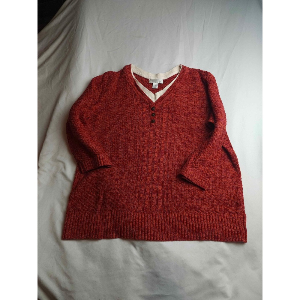 Christopher & Banks Womens XL Burnt Orange Marl Cable Henley Sweater 3/4 Sleeve